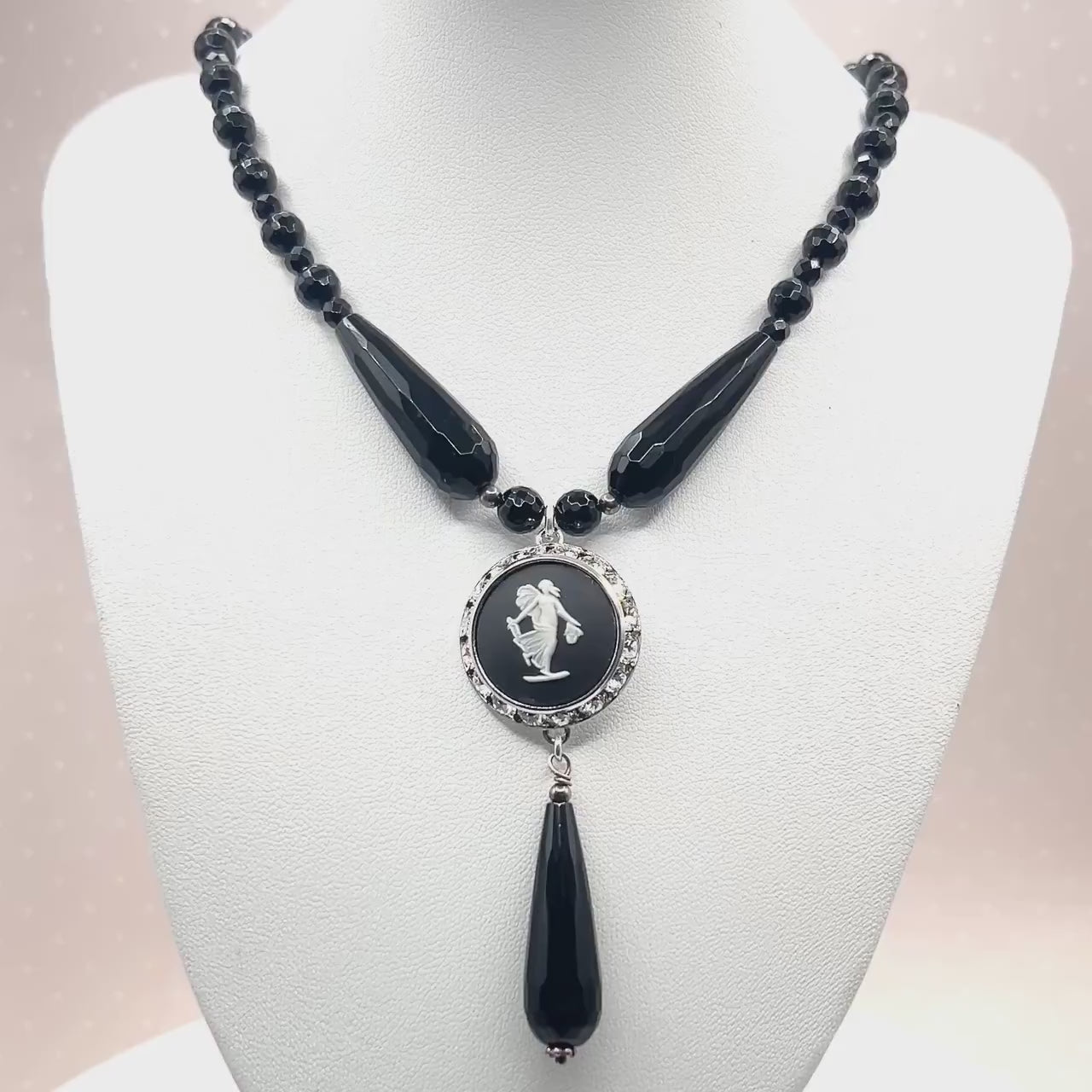 Wedgwood Angel Necklace, Black Onyx Statement Necklace, Victorian Cameo Jewelry