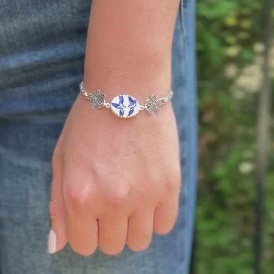 Blue Willow China Bracelet, Love Birds, Sterling Silver Anniversary Gift for Wife, Wedding Jewelry