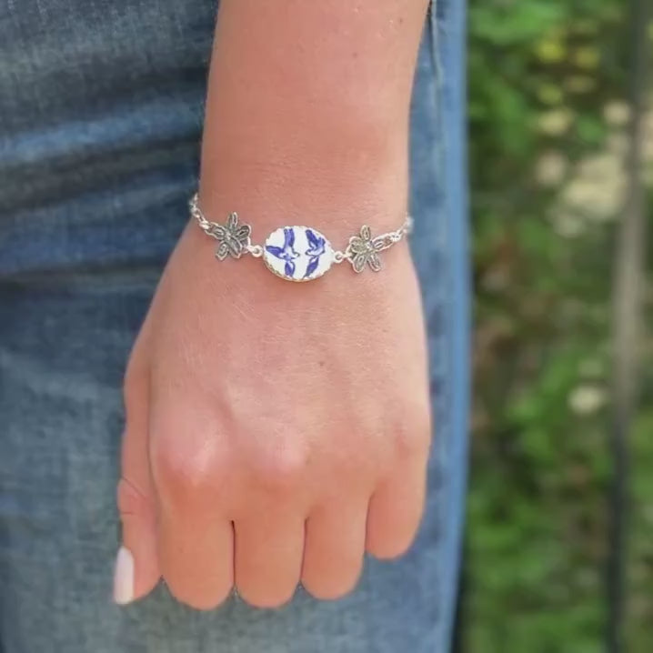 Blue Willow China Bracelet, Love Birds, Sterling Silver Anniversary Gift for Wife, Wedding Jewelry