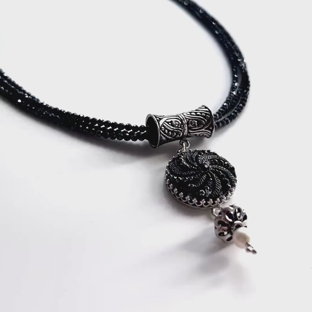 Vintage Black Glass Button Necklace, Victorian Statement Jewelry