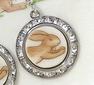 Bunnykins China Earrings, Crystal Jewelry, Bunny Rabbit Jewelry, Royal Doulton Broken China Jewelry, Unique Gifts for Women