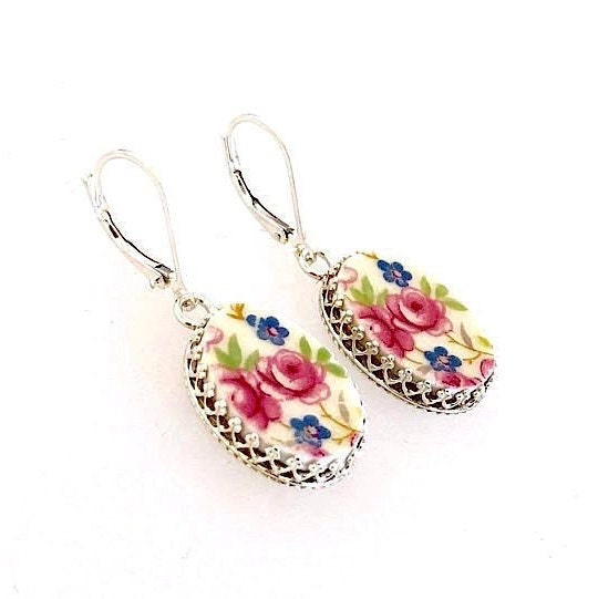 CUSTOM ORDER Broken China Jewelry Earrings, Family Memorial Jewelry, Mom Gift, Silver Earrings, Made From Your China, Custom Jewelry