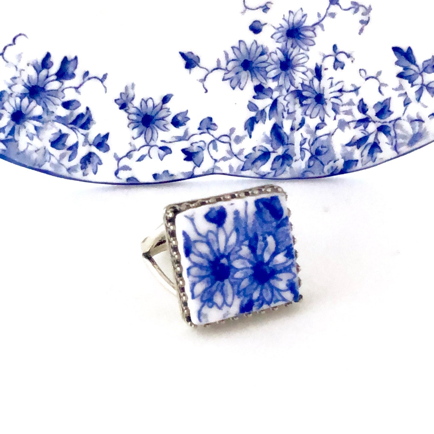 Antique Shelley Dainty Blue China, Broken China Jewelry Ring, Sterling Silver Rings for Women, Unique Gifts for Women