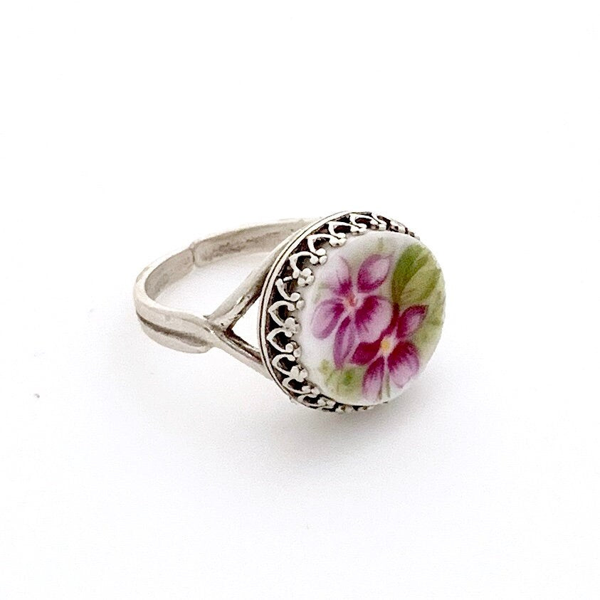 Unique Cottagecore Jewelry, Broken China Jewelry Ring, Purple Violet New Hampshire Flower