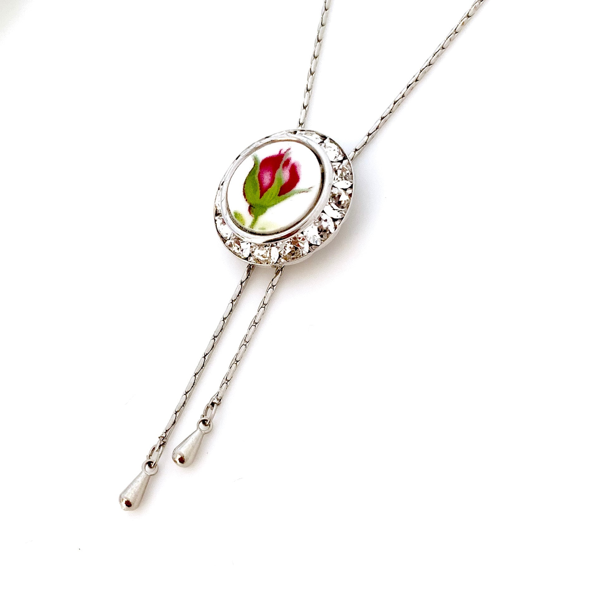 Adjustable Broken China Jewelry Necklace Old Country Roses, Crystal Bolo Tie for Women, Gifts for Women