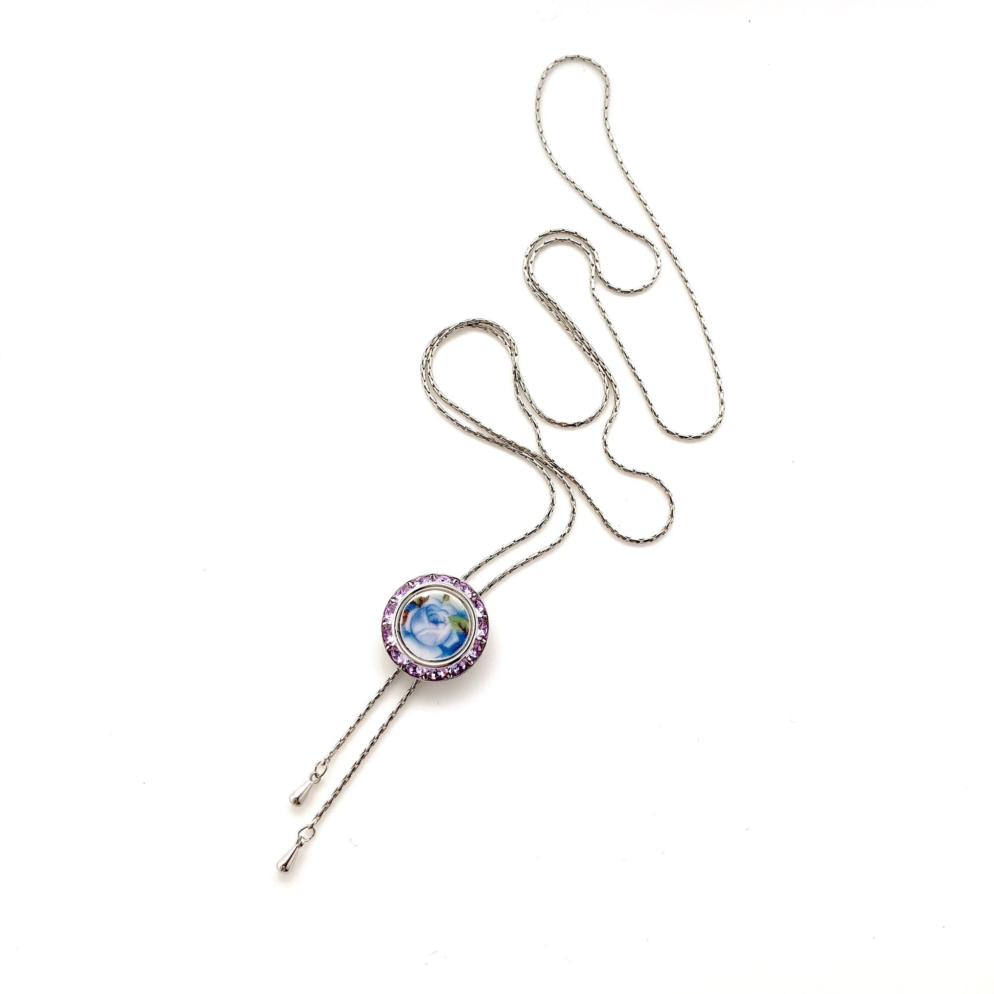 Moonlight Rose Bolo Tie for Women, Royal Albert Broken China Jewelry, Crystal Slide Lariat Necklace, Unique Gift for Women, Graduation Gifts