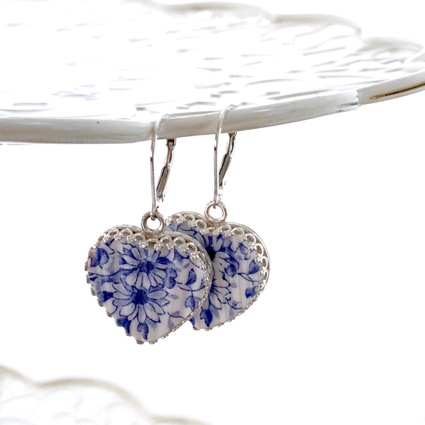 20th Anniversary Gift for Wife Blue and White Broken China Jewelry Heart Earrings Gift