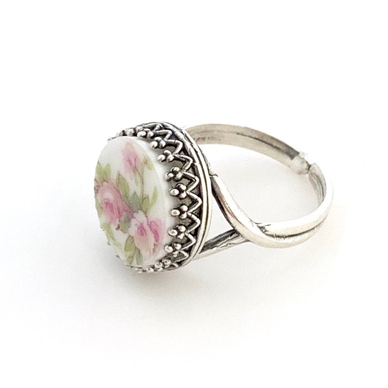 Victorian China Ring, Antique French Limoges Broken China Jewelry, Pink Roses Ring, Gift for Girlfriend,