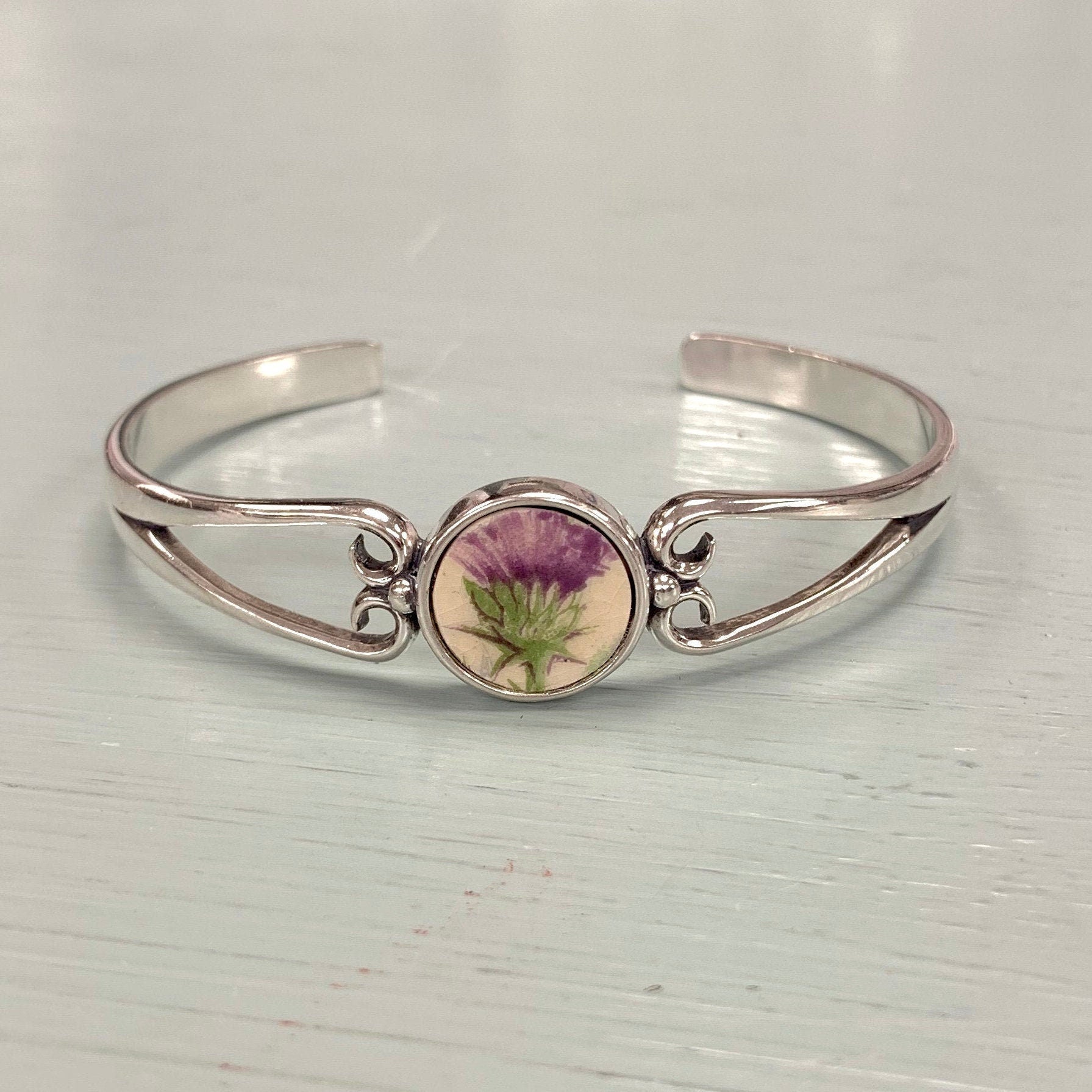 Scottish Thistle Cuff Bracelet, Sterling Silver Jewelry, Bracelets for Women, Broken China Jewelry, Unique Anniversary Gift for Wife