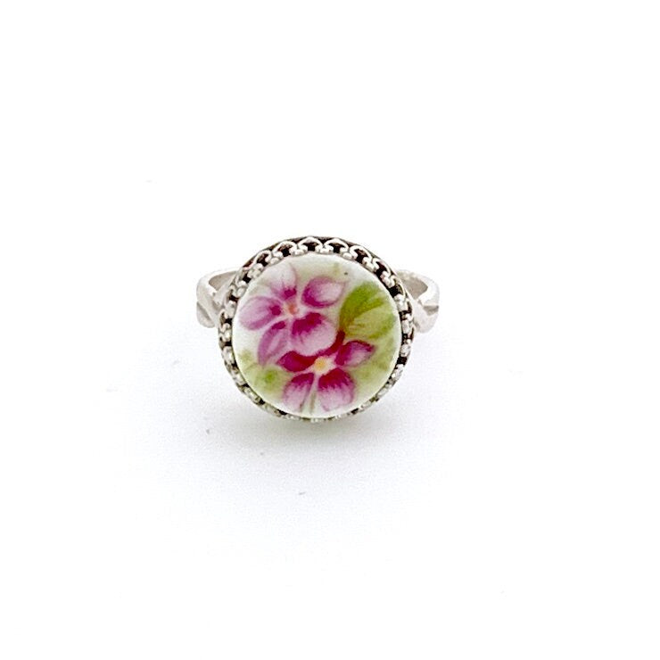 Unique Cottagecore Jewelry, Broken China Jewelry Ring, Purple Violet New Hampshire Flower