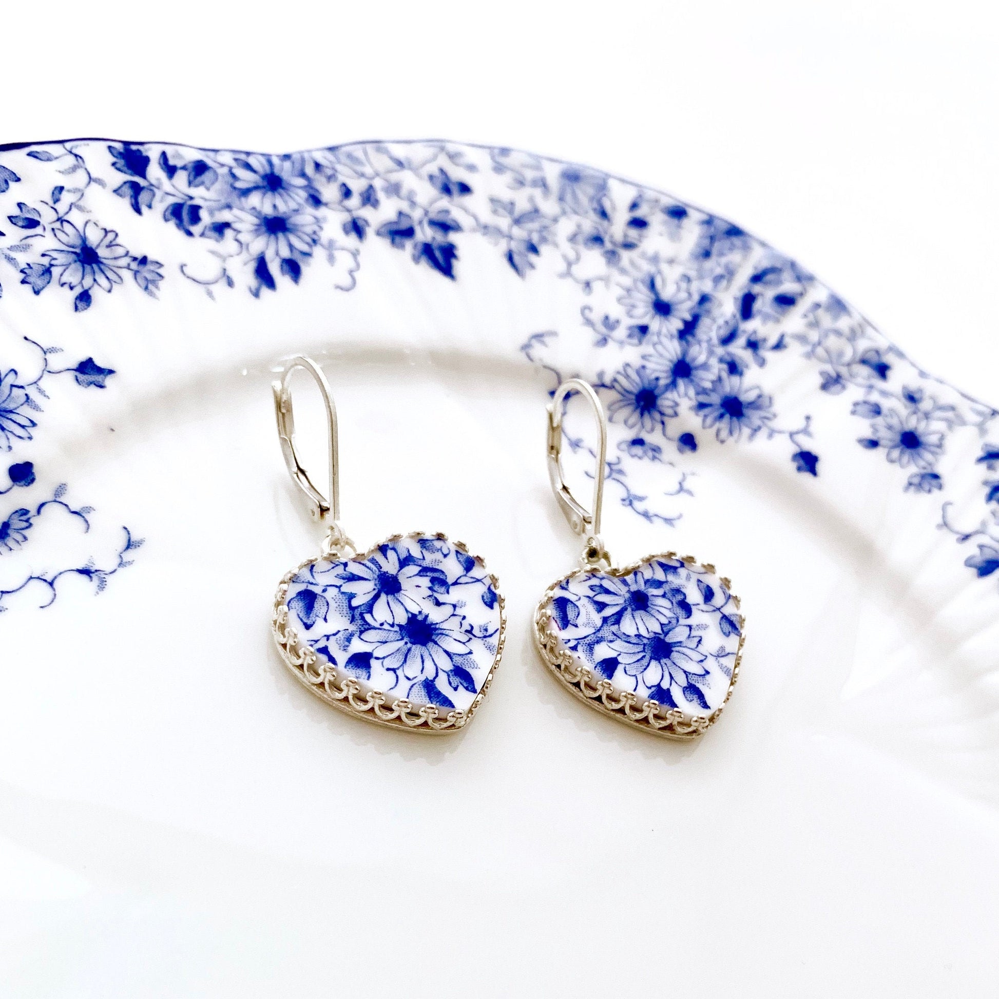 20th Anniversary Gift for Wife Blue and White Broken China Jewelry Heart Earrings Gift