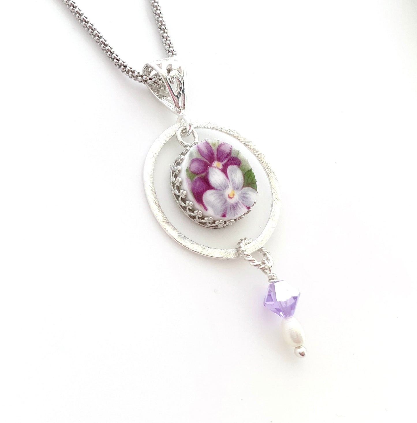 Royal Albert China Sweet Violets,Purple Violets Flower Necklace, Broken China Jewelry, Circle Pendant Necklace