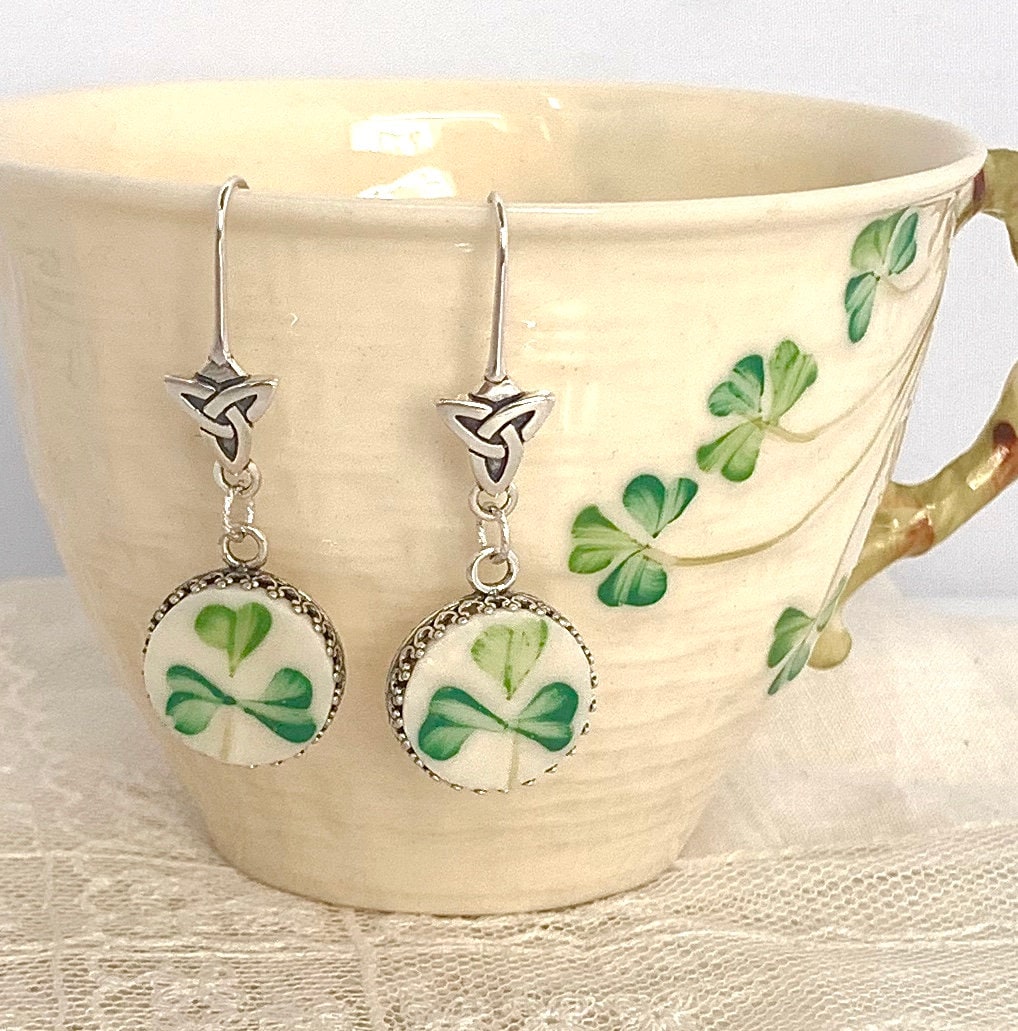 Celtic Knot Earrings, Irish Belleek Broken China Jewelry, Sterling Silver Earrings, Celtic China, Unique 20th Anniversary Gift for Wife