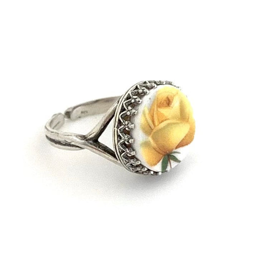 Yellow Rose Sterling Silver Adjustable Ring June  Broken China Ring for Friend