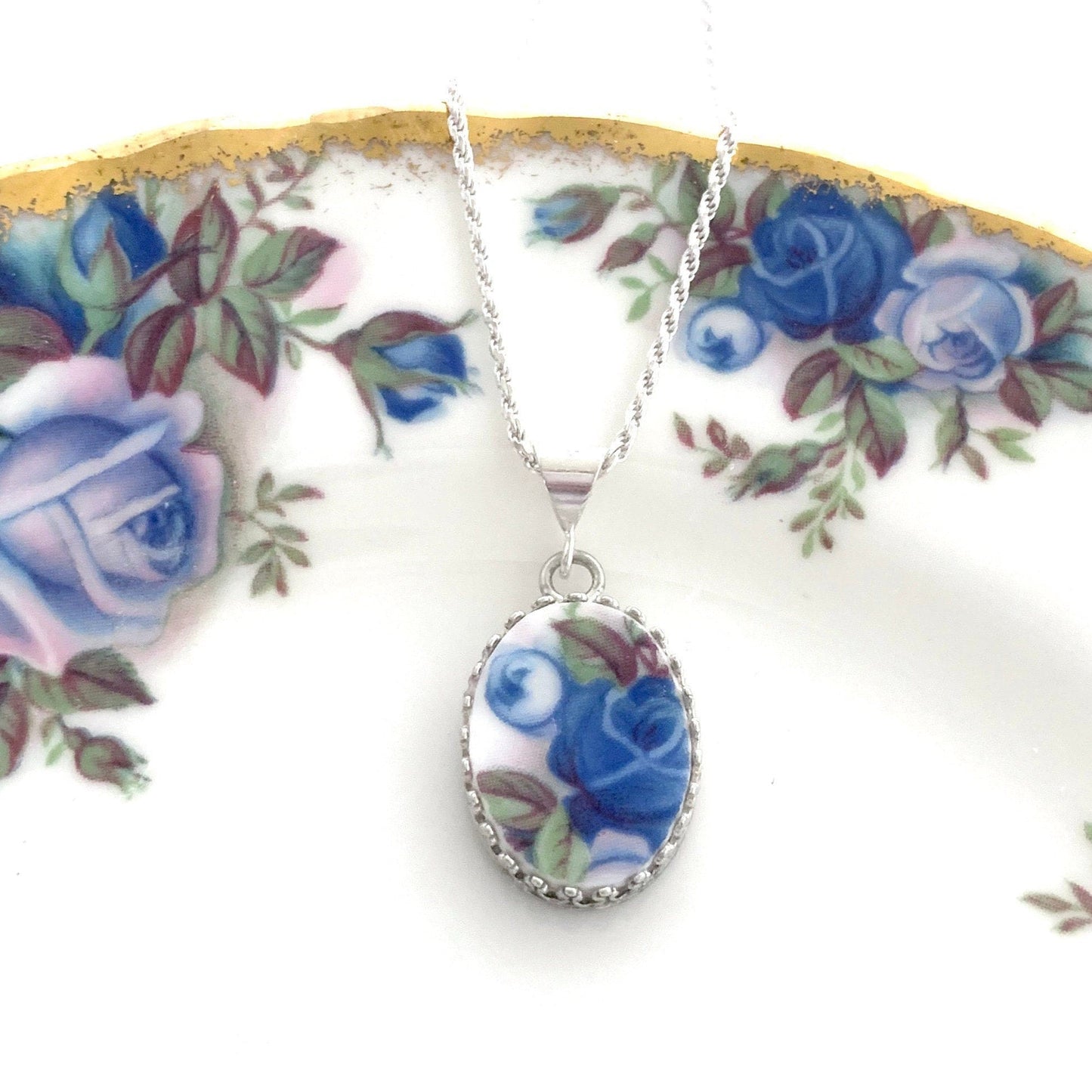 Moonlight Rose Dainty China Necklace, Unique Gifts for Women, Vintage Broken China Jewelry, Royal Albert Blue Rose China, Graduation Gifts