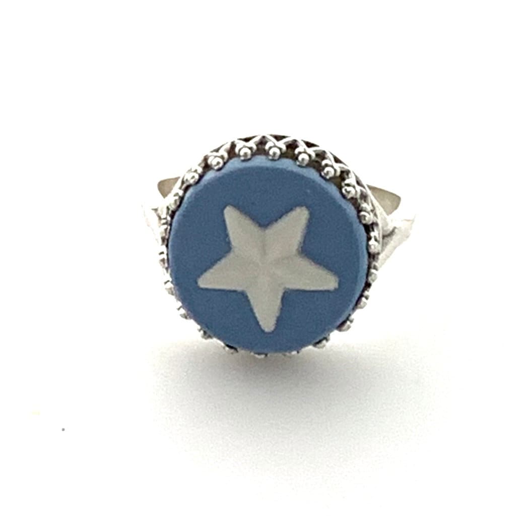 Boho Jewelry Blue Wedgwood Jasperware, Star Broken China Ring, Adjustable Sterling Silver Ring, Gift for Girlfriend