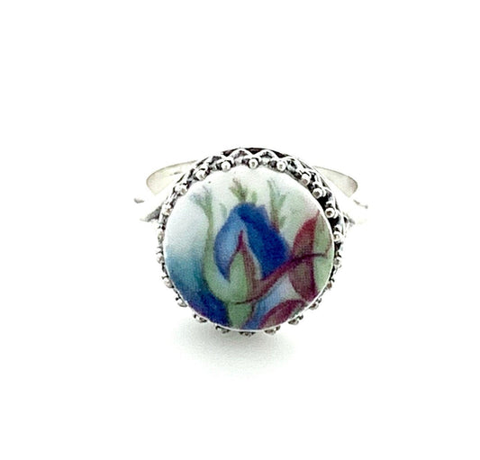 Royal Albert Moonlight Rose China, Broken China Jewelry, Sterling Silver Ring, Shabby Chic Rings for Women, Dainty Adjustable Ring