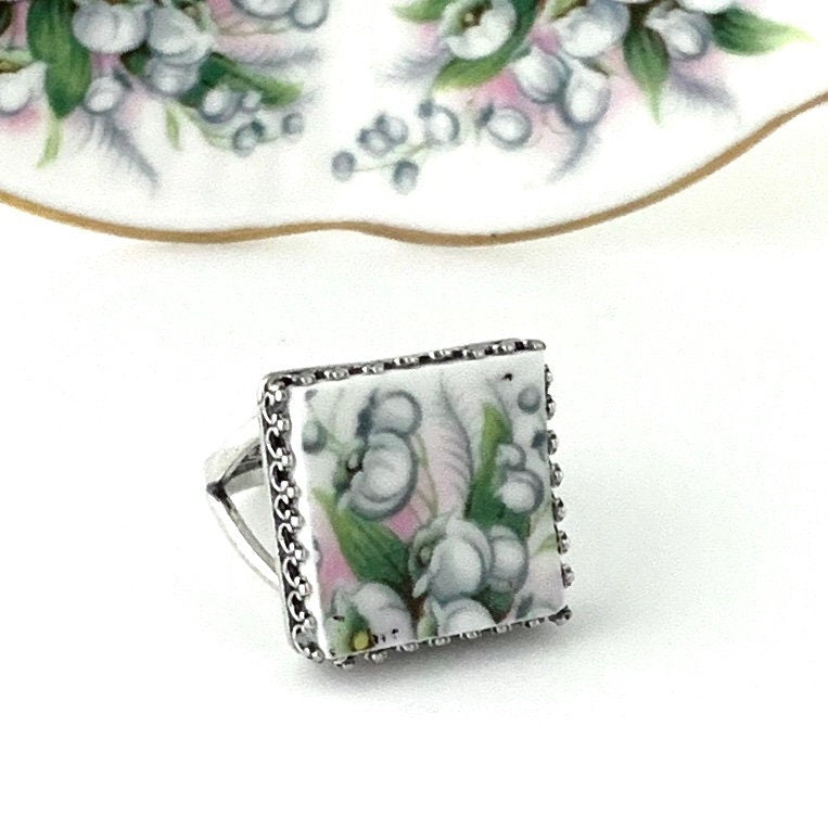 May Birthday Gift for Her, Shabby Chic Broken China Jewelry, One-of-a-Kind, Lily of the Valley Flower, Sterling Silver Adjustable Ring