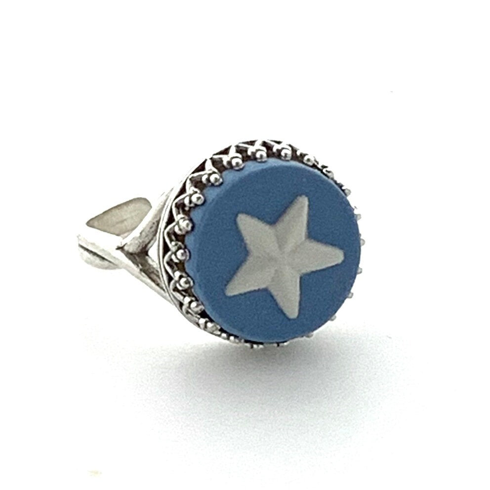 Boho Jewelry Blue Wedgwood Jasperware, Star Broken China Ring, Adjustable Sterling Silver Ring, Gift for Girlfriend