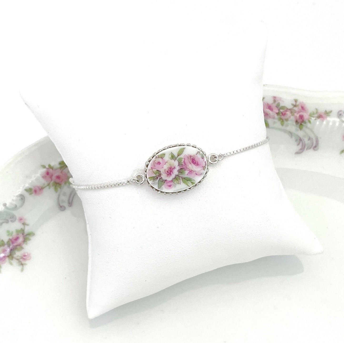 Dainty Rose Bolo Bracelet, Adjustable Sterling Silver Bracelet, Limoges Broken China Jewelry, Unique  Gifts,