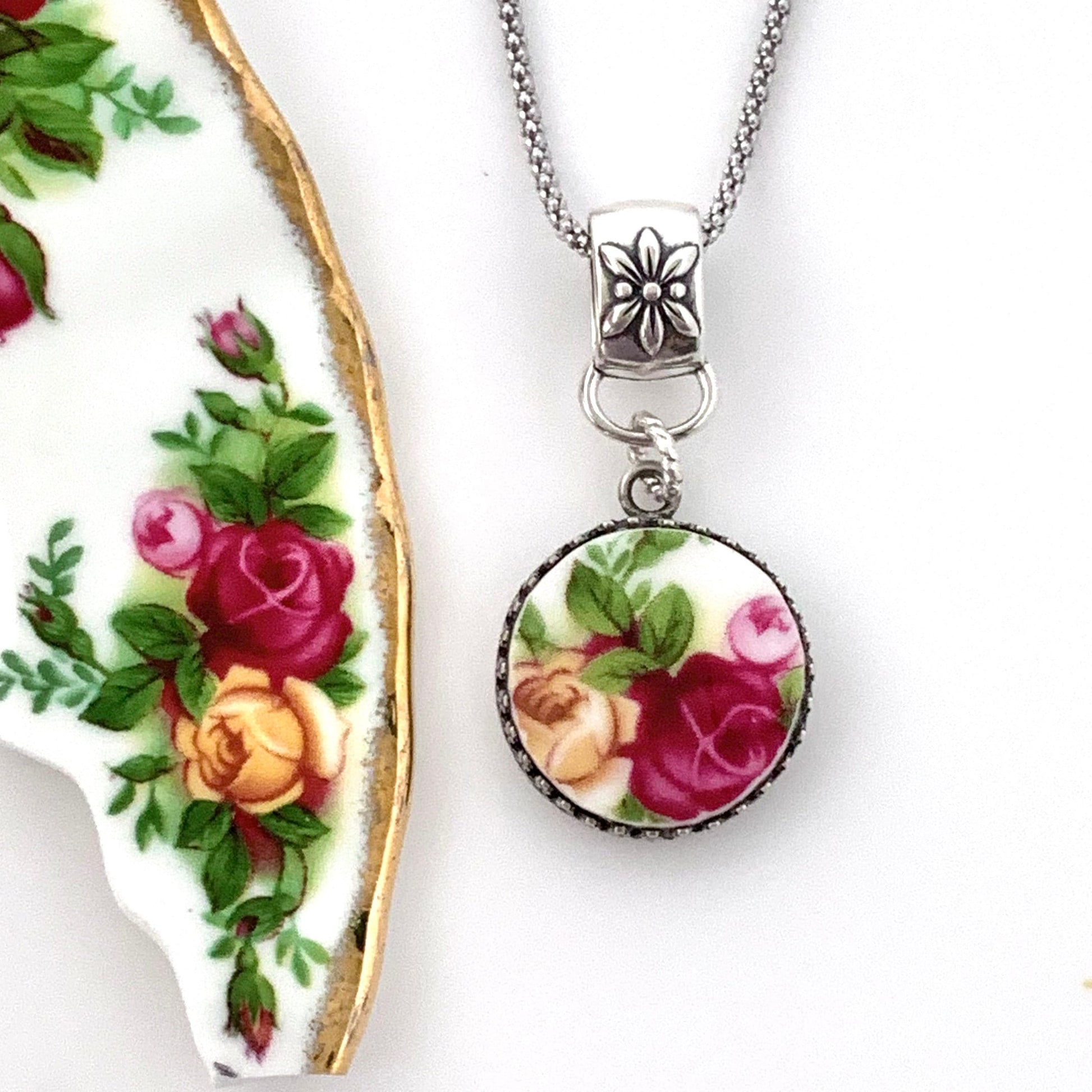 Royal Albert Old Country Roses China Jewelry Set, 20th Anniversary Gift for Wife, Red Rose China Necklace, Unique Gifts for Women