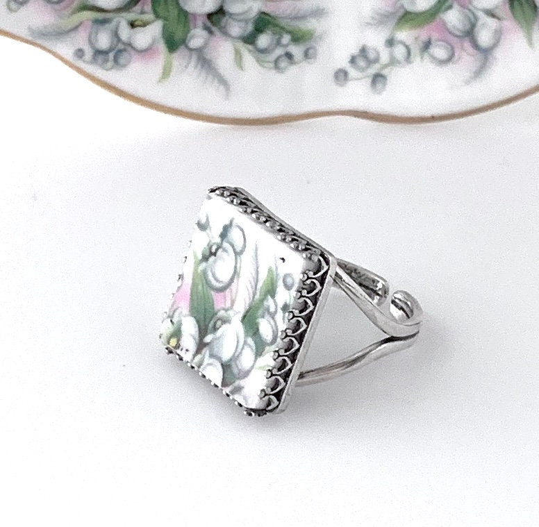 May Birthday Gift for Her, Shabby Chic Broken China Jewelry, One-of-a-Kind, Lily of the Valley Flower, Sterling Silver Adjustable Ring