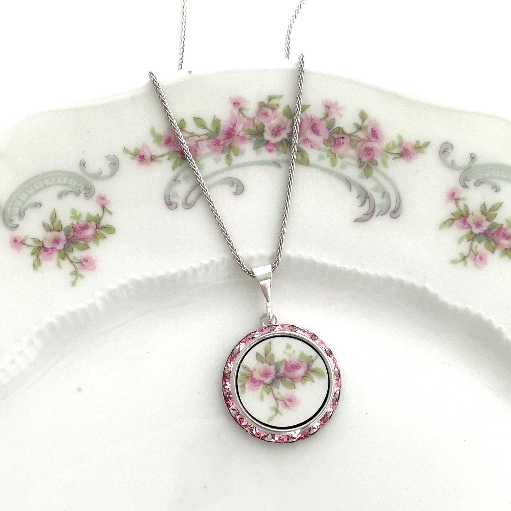French Limoges China Necklace, 20th Anniversary Gift for Wife, Crystal Necklace, Shabby Chic Broken China Jewelry, Birthday Gift