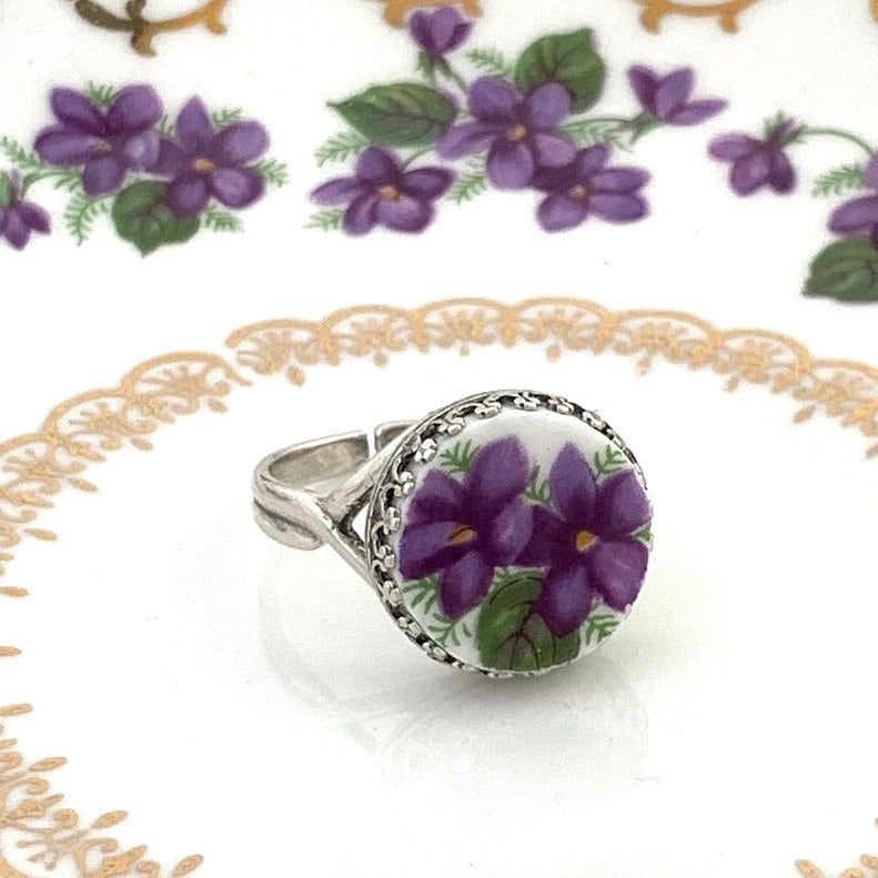 Violet Flower China Ring, Broken China Jewelry, Sterling Silver Adjustable Ring, Unique Gifts for Women