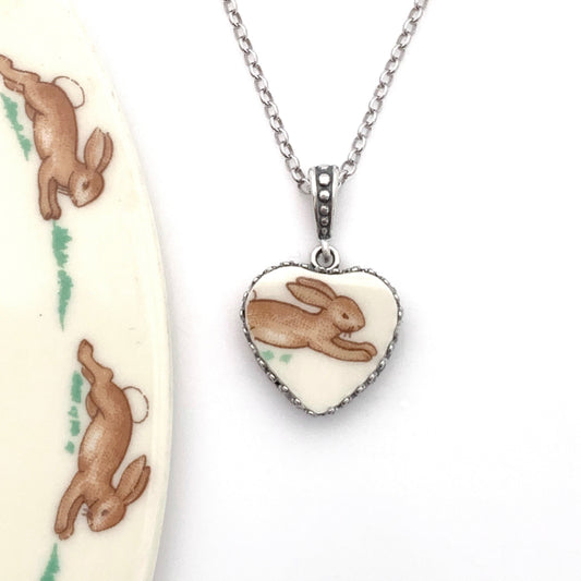 Bunnykins Vintage China Neckace, Bunny Rabbit Heart Necklace, Broken China Jewelry