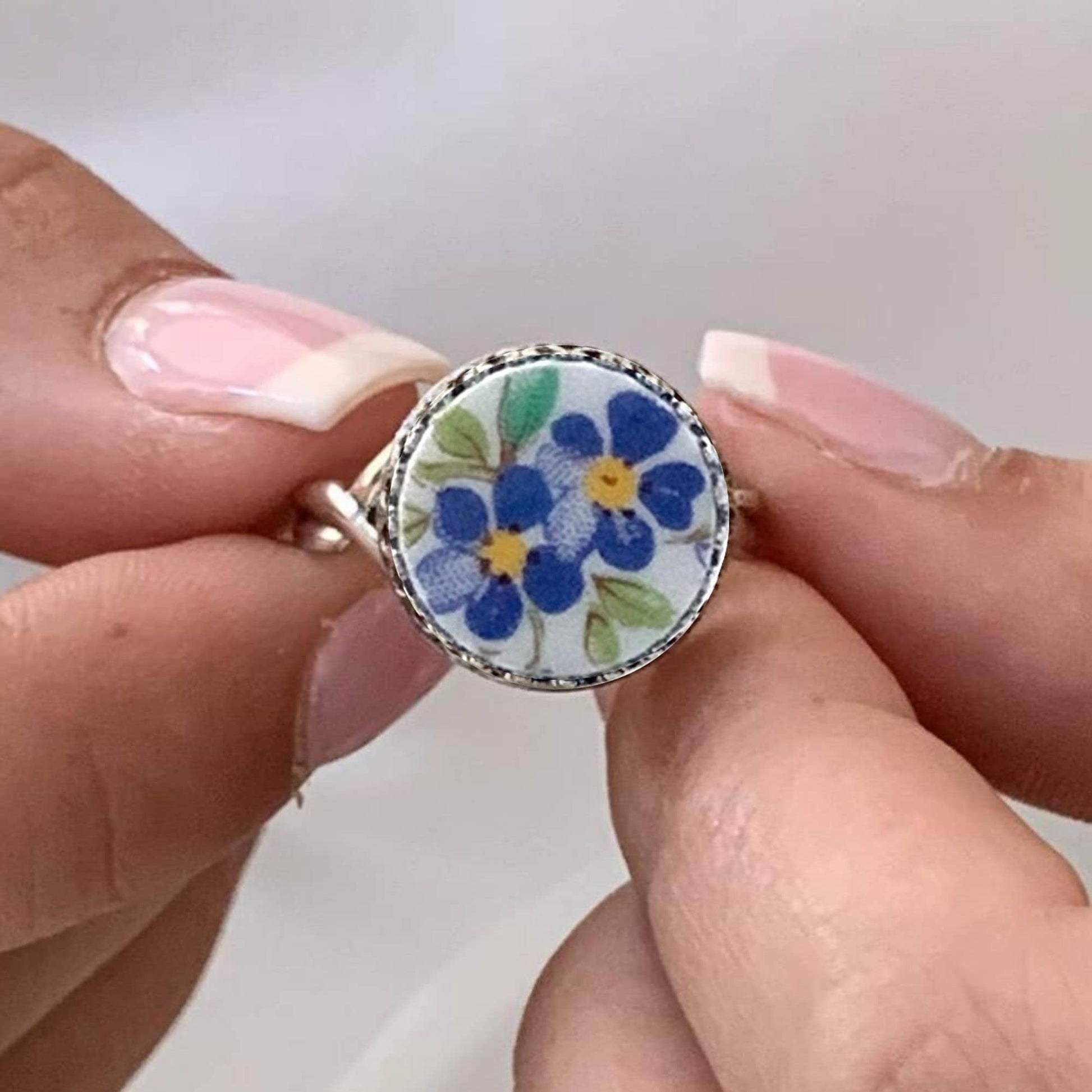Adjustable Silver Flower Ring, Forget Me Not Broken China Jewelry, Unique Gifts for Women