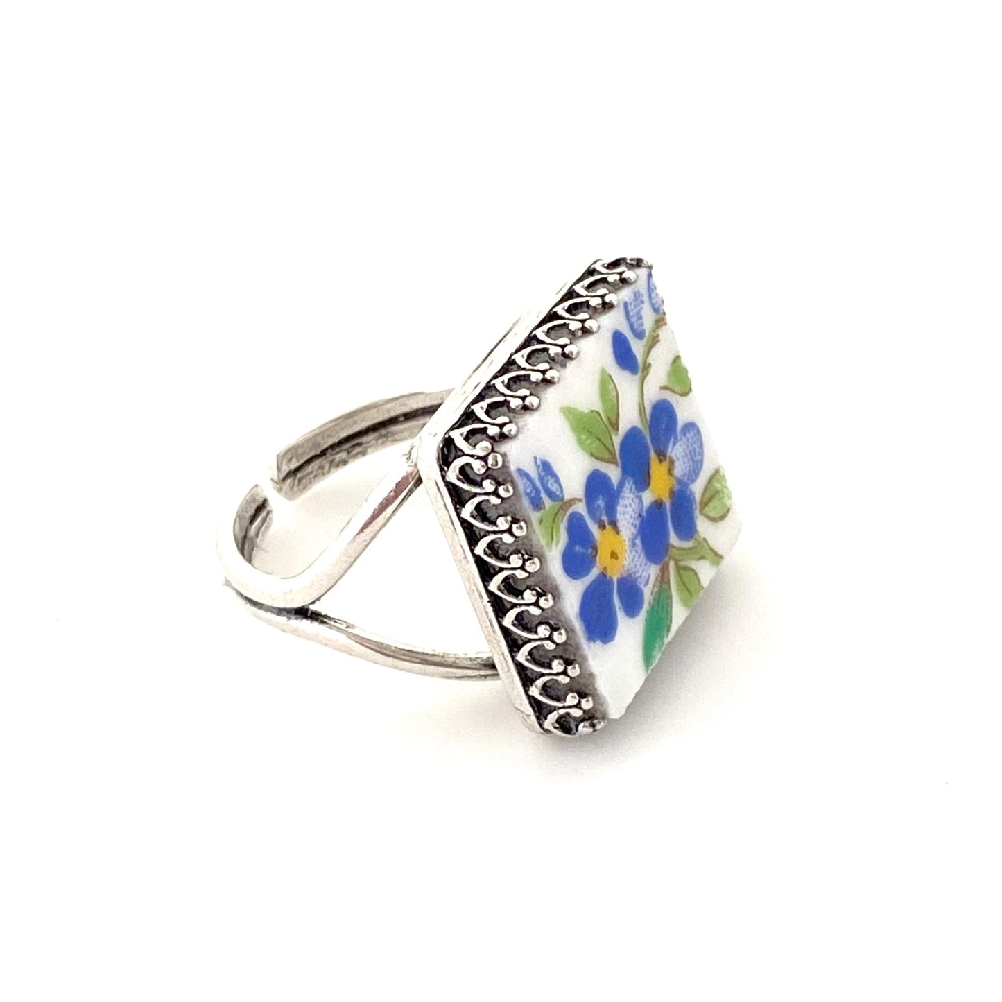 Forget Me Not Ring, Sterling Silver Rings for Women, Broken China Jewelry, Birthday Gift for Wife