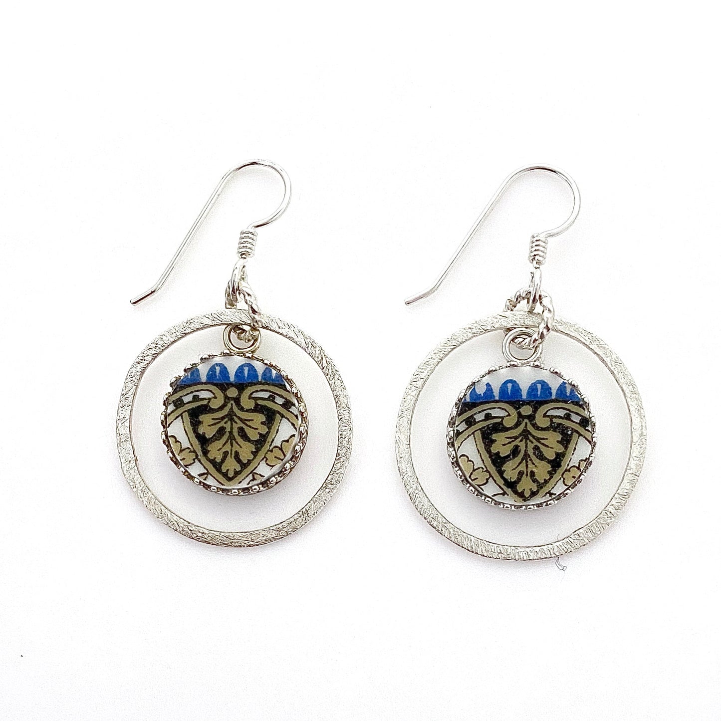 French Limoges China, Sterling Silver Circle Earrings, Unique Anniversary Gifts, Gift for Her