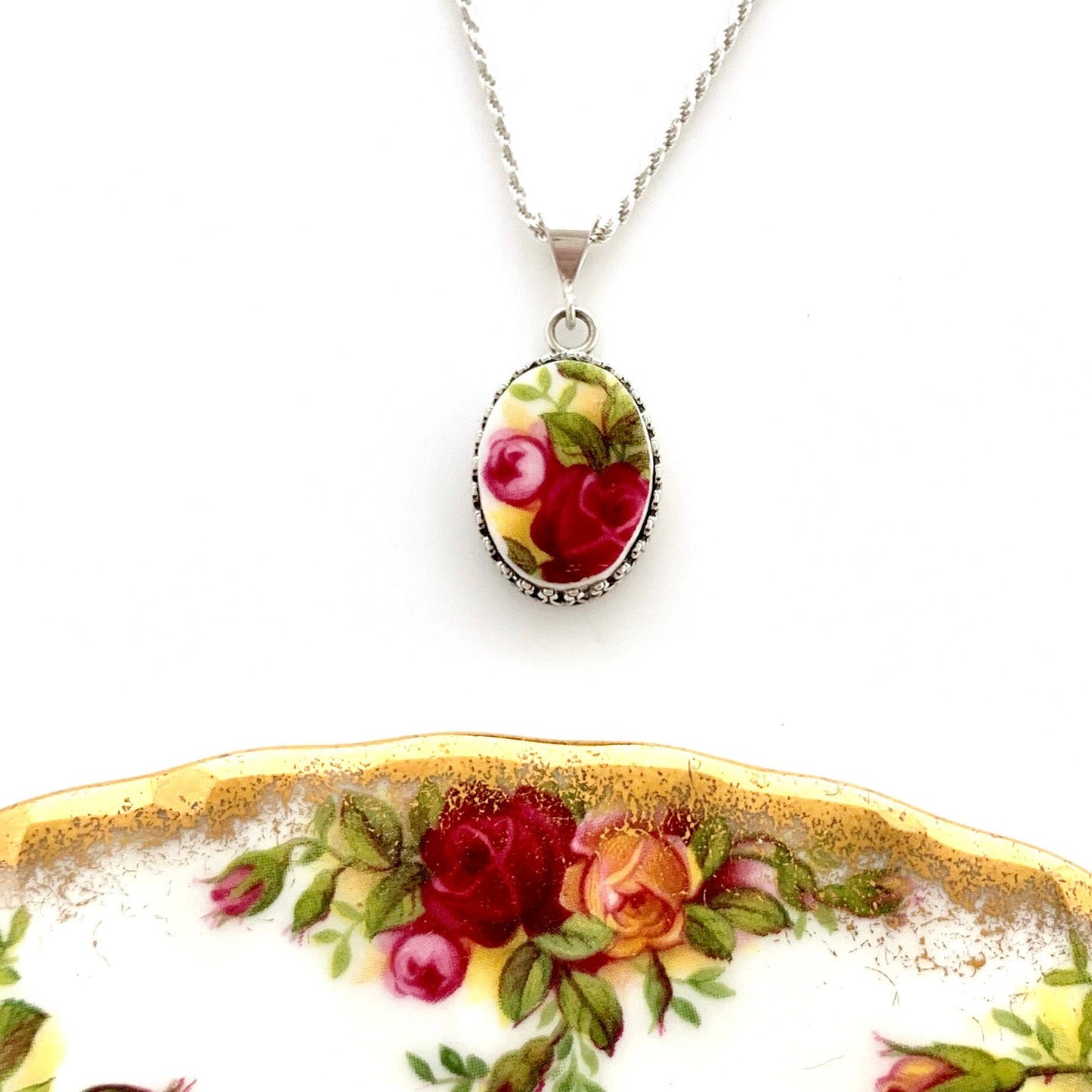 Royal Albert Old Country Roses Vintage China Necklace Unique Birthday Gifts for Women Broken China Jewelry  Gifts