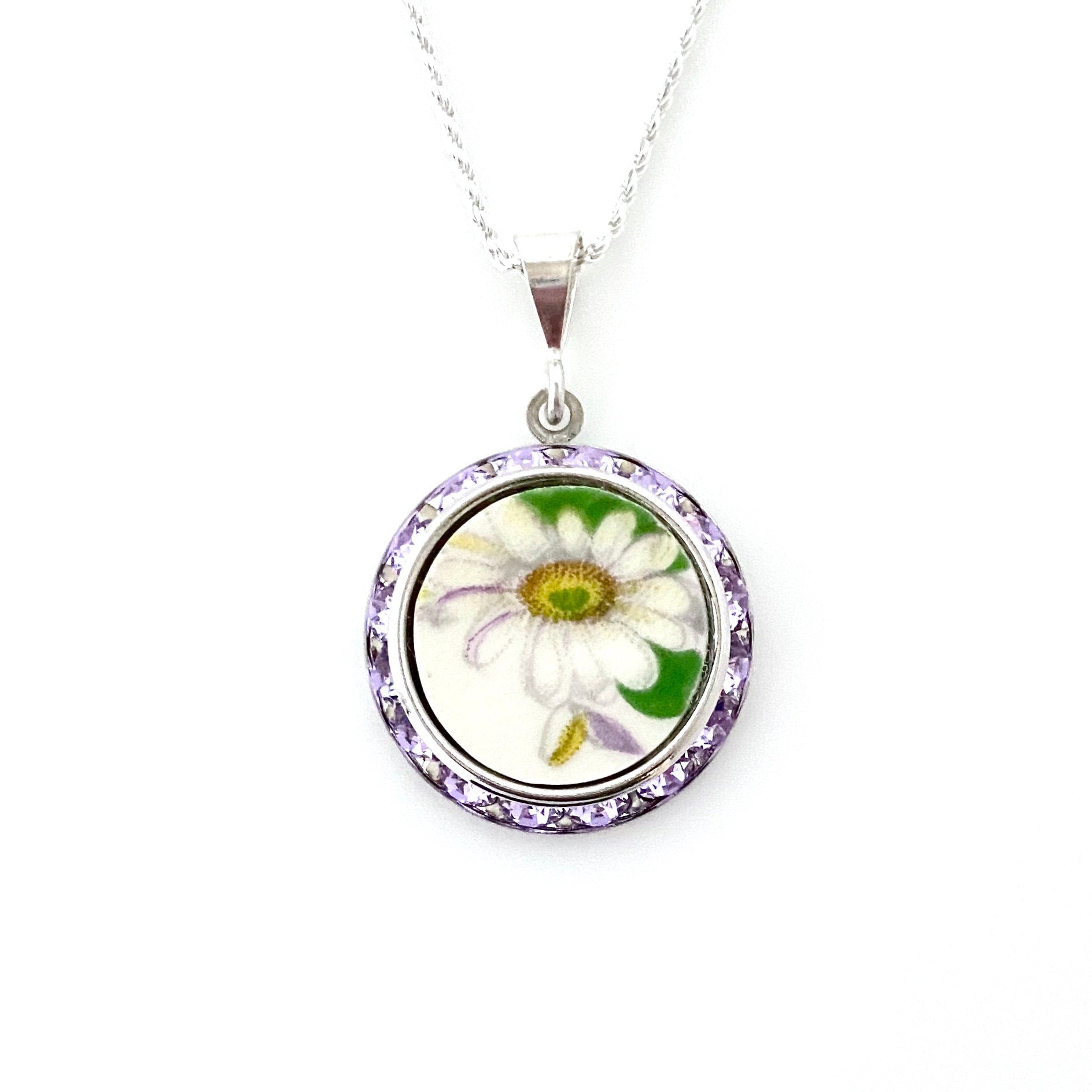 Broken China Jewelry Daisy Pendant Necklace, Unique Gifts for Women, Crystal Jewelry