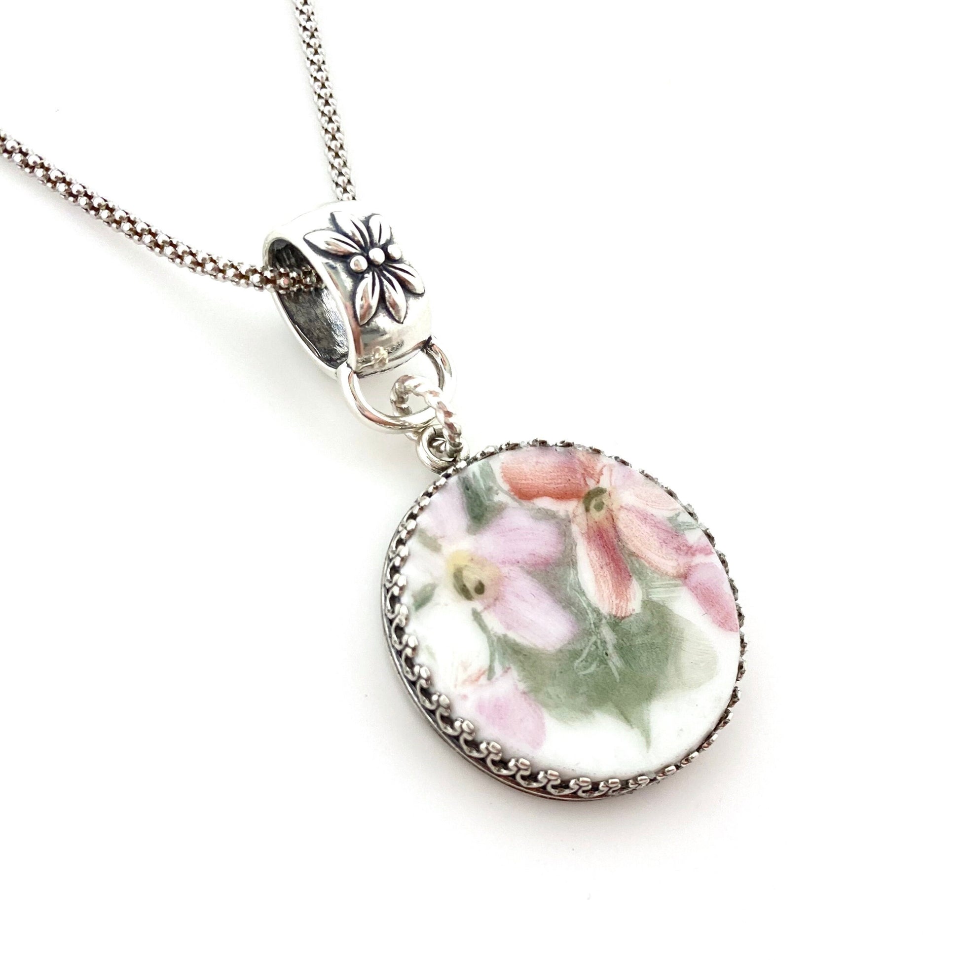 CUSTOM ORDER Custom Large Circle Necklace Floral Bale, Memorial Jewelry, Sister Mom Gift, Broken China Jewelry, Made From Your Family China