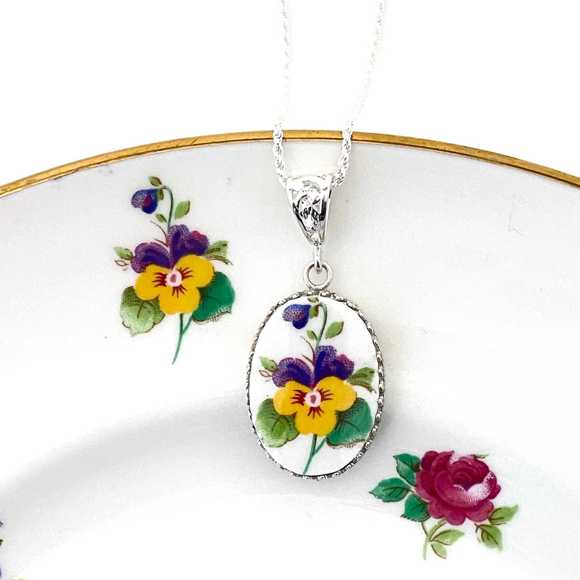 Pansy Flower Necklace, Broken China Jewelry, 20th Anniversary Gift for Wife, Repurposed Vintage China, Yellow and Purple Flower Necklace