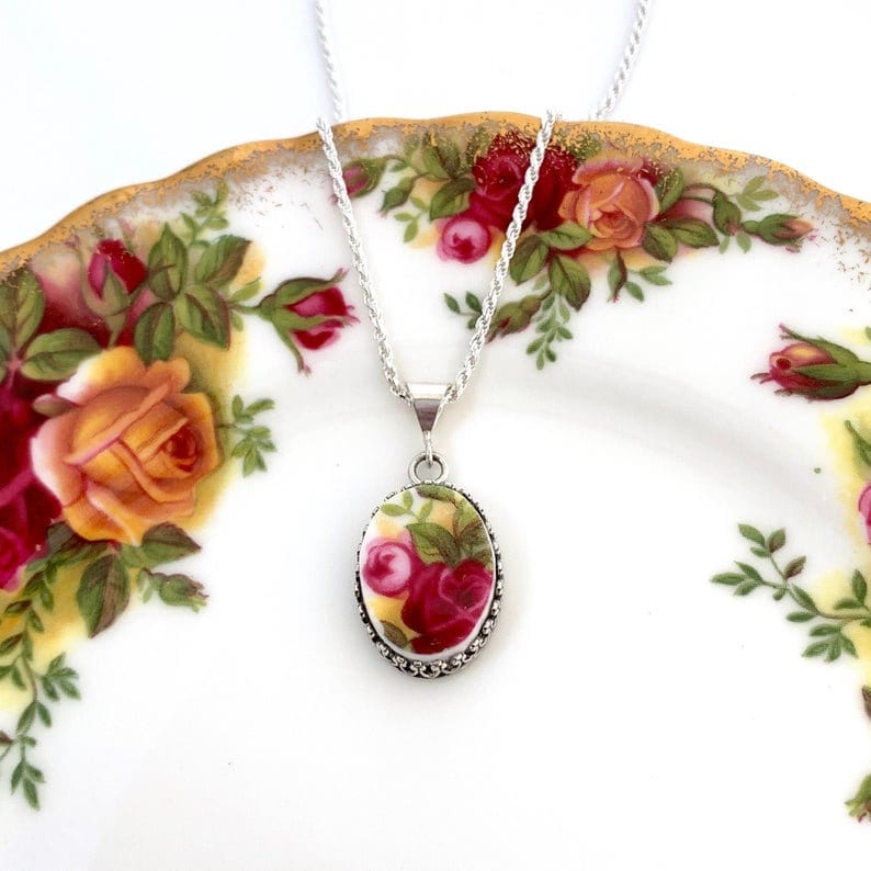 Royal Albert Old Country Roses Vintage China Necklace Unique Birthday Gifts for Women Broken China Jewelry  Gifts