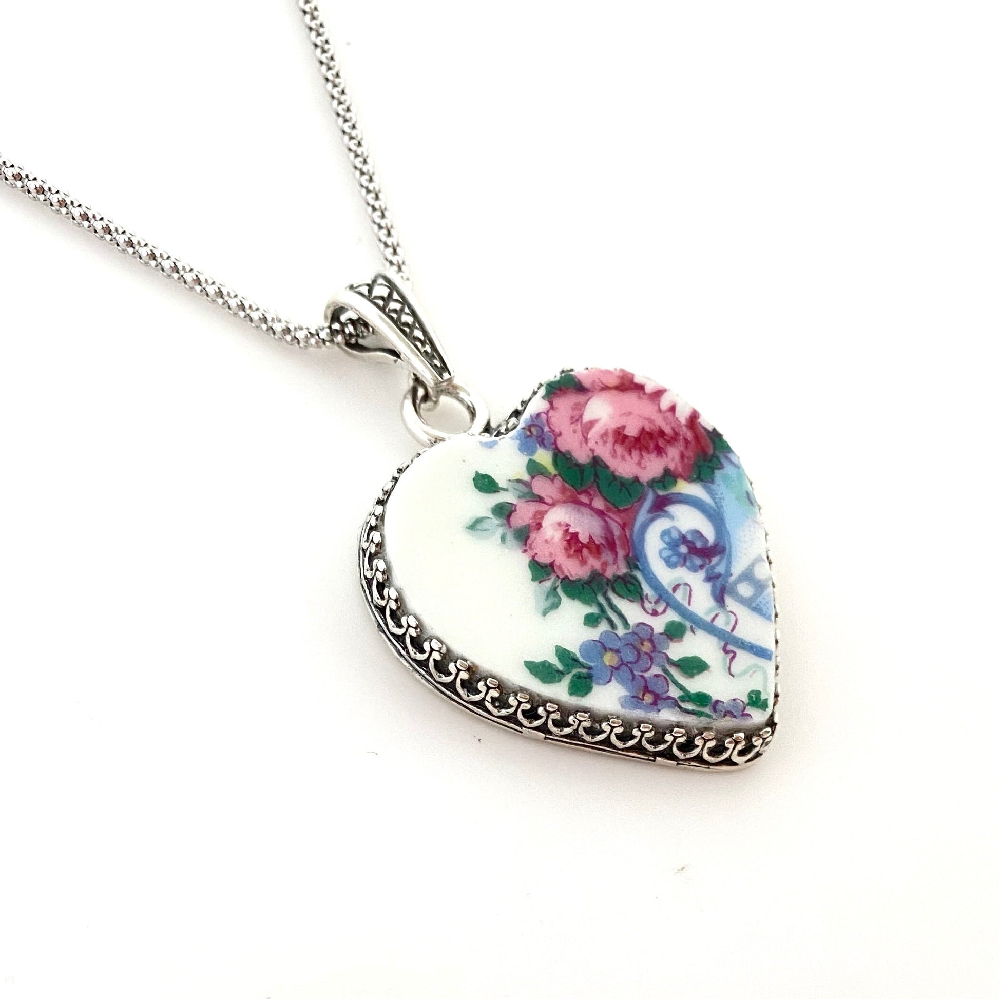 Romantic Rose and Forget Me Not Necklace, 20th Anniversary Gift for Wife, Antique French China Jewelry