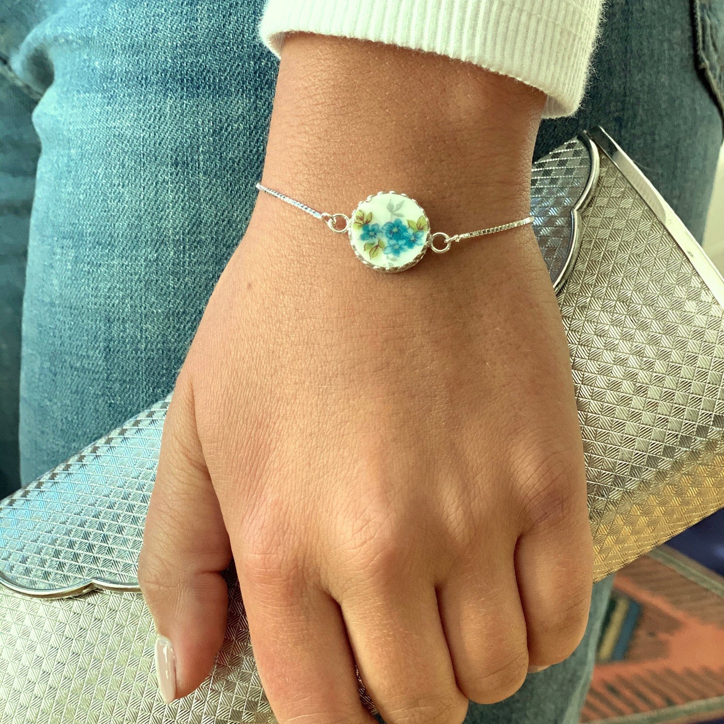 Forget Me Not Dainty Adjustable Bracelet, Broken China Jewelry, Sterling Silver, Unique Anniversary Gift for Women