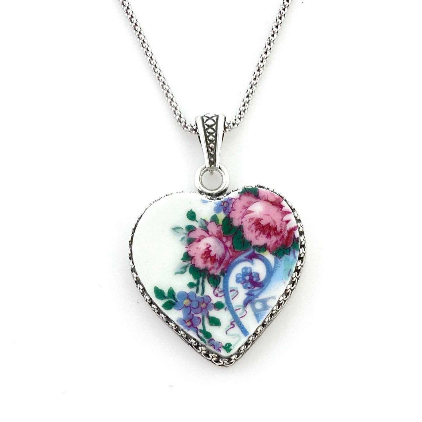 Romantic Rose and Forget Me Not Necklace, 20th Anniversary Gift for Wife, Antique French China Jewelry