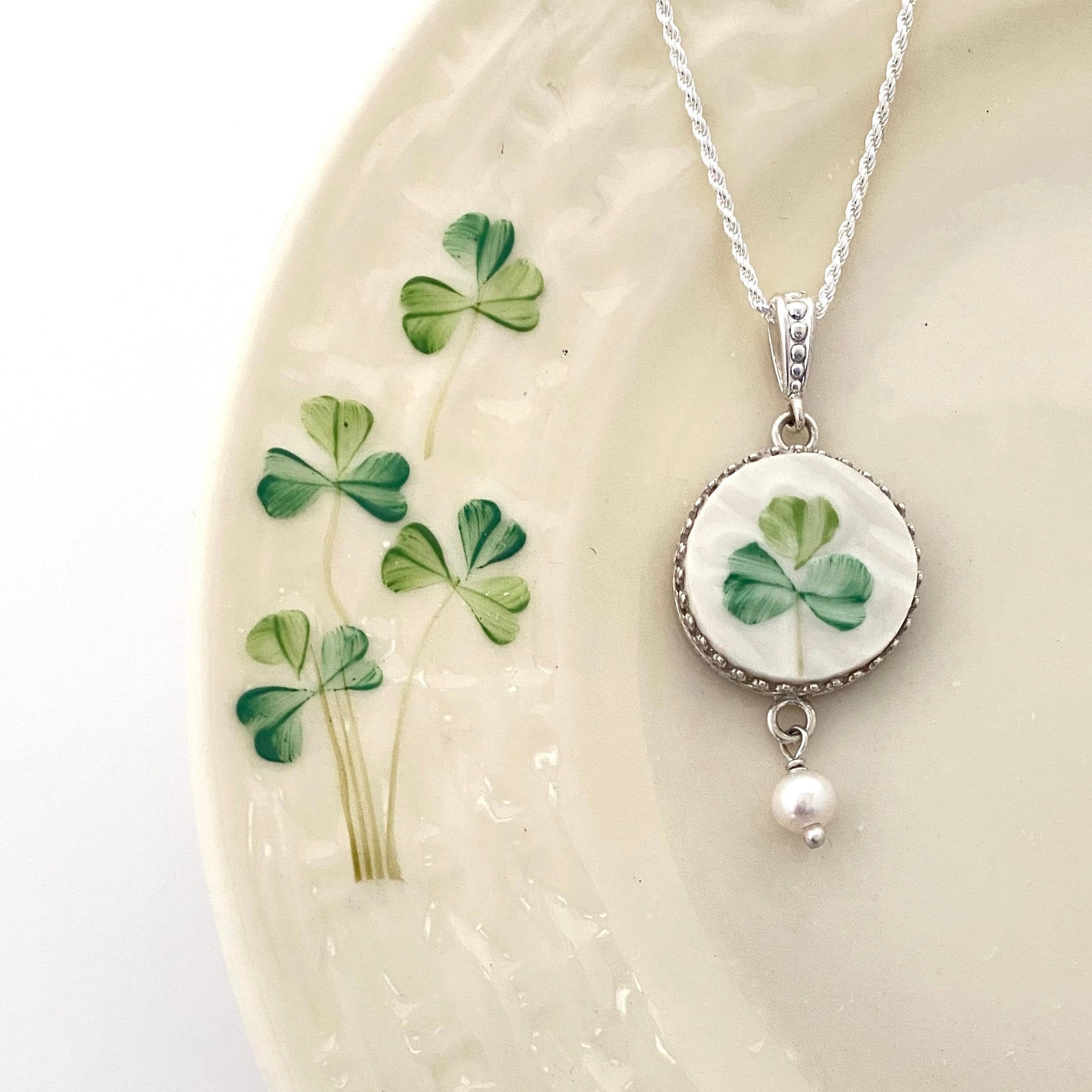 Handmade Irish Jewelry, Belleek Broken China Jewelry, Unique 20th Anniversary Gift for Wife, Celtic Silver Pearl Necklace