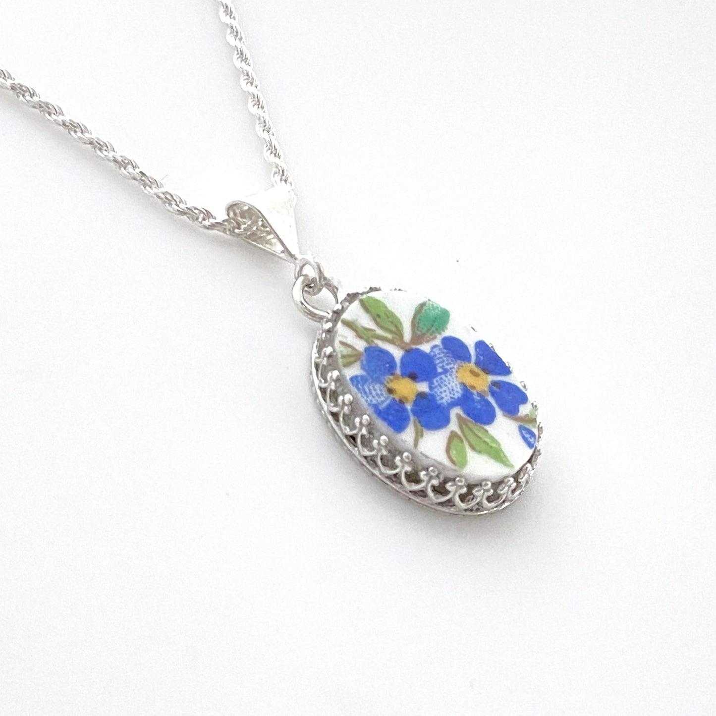 Forget Me Not Necklace, Broken China Jewelry, Handmade Jewelry, Anniversary Gift for Wife, Unique Birthday Gift