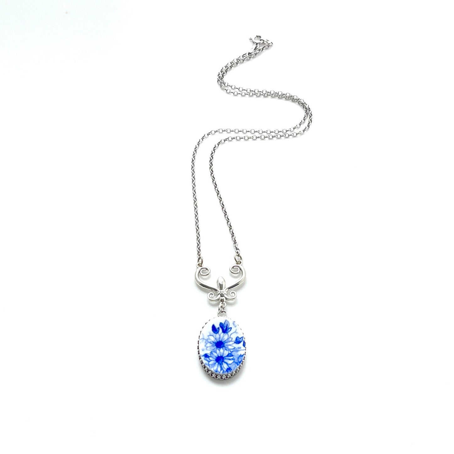 20th Anniversary Gift for Wife, Unique Gifts for Women, Broken China Jewelry Daisy Necklace, Shelley China Dainty Blue