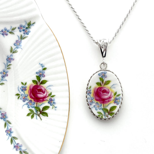 Forget Me Not Broken China Jewelry Necklace, 18th Anniversary Porcelain Gifts, Gift for Wife