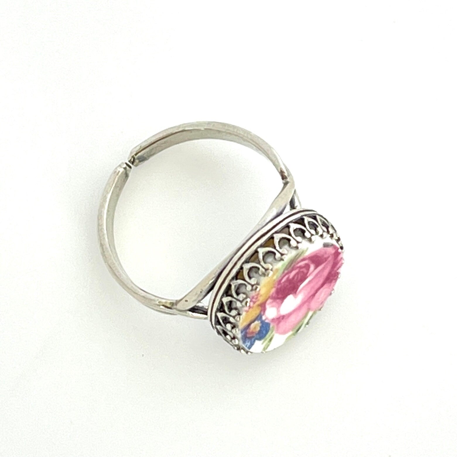 Pink Rose China Ring, Shabby Chic Silver Ring, Broken China Jewelry, Unique Gifts for Women, Vintage American China Jewelry