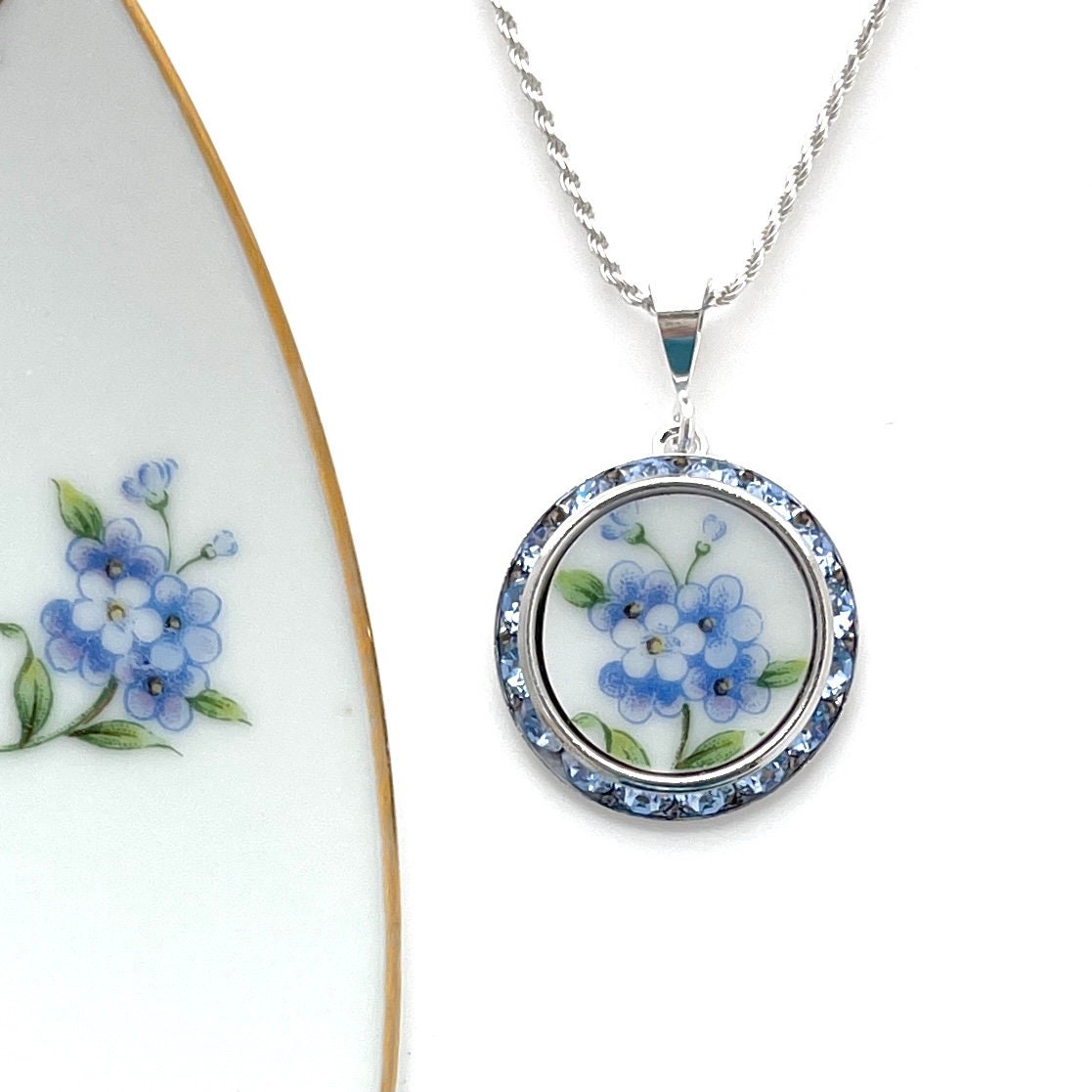 20th Anniversary China Jewelry Gift for Wife Forget Me Nots Broken China Jewelry Unique Gifts for Women