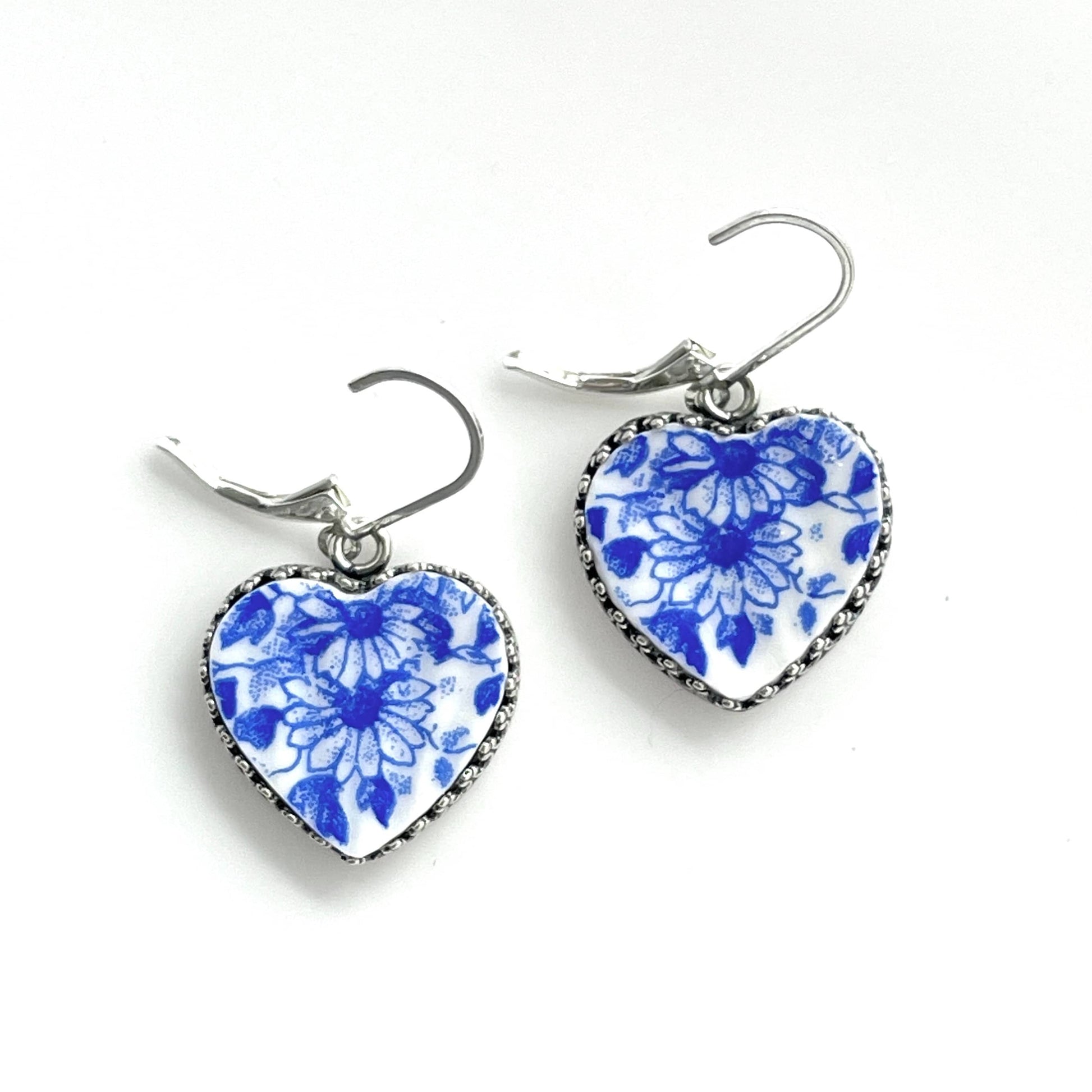 20th Anniversary Gift for Wife, Blue and White Broken China Jewelry Set, Heart Earrings, Jewelry Gift