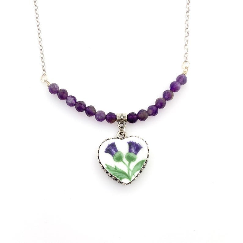 Scottish Thistle Necklace, Amethyst Necklace, Broken China Jewelry, Birthday Gift for Wife, Romantic Heart Necklace, Gemstone Jewelry