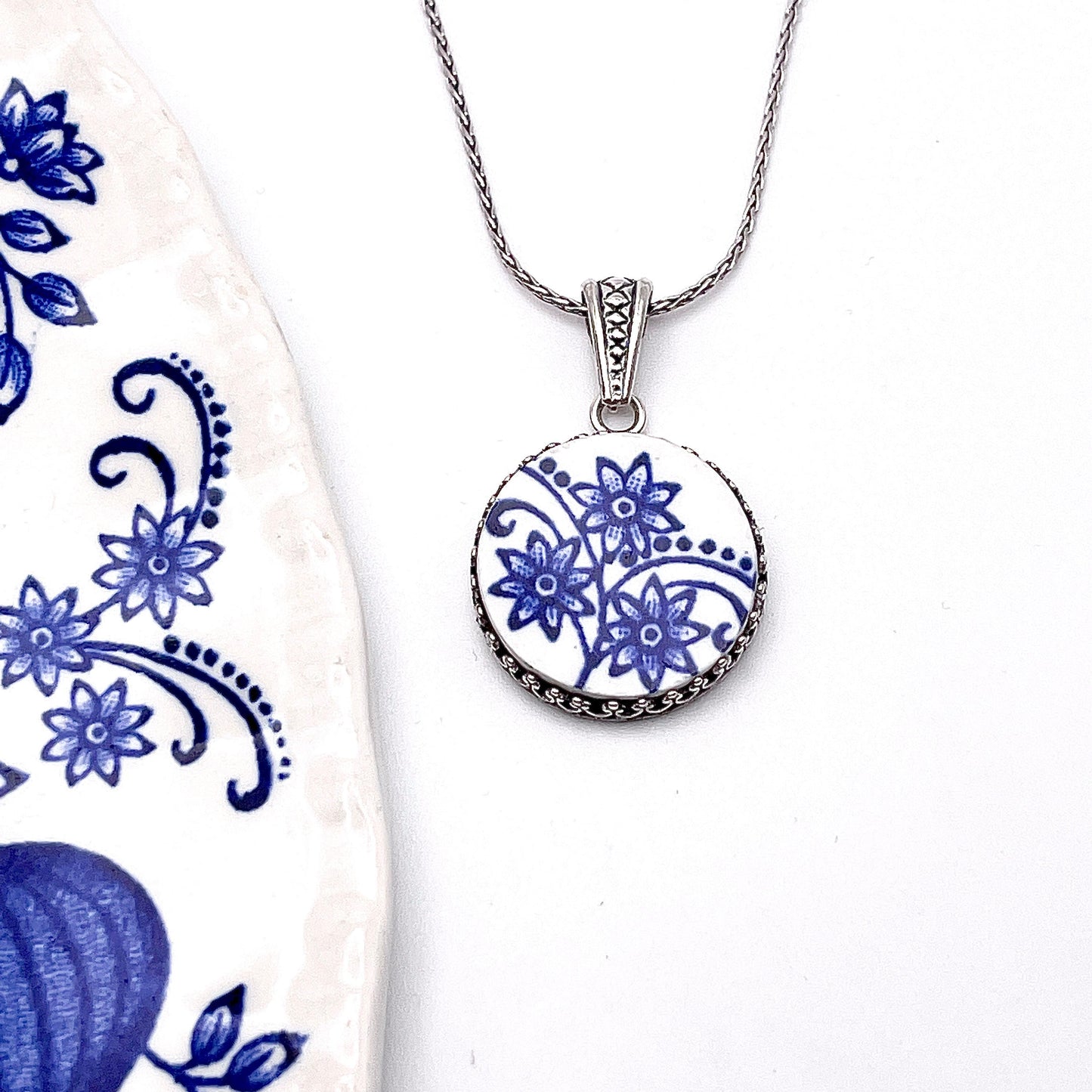 Adjustable Blue Onion Vintage China Necklace, Sterling Silver Broken China Jewelry, Unique Gifts for Women
