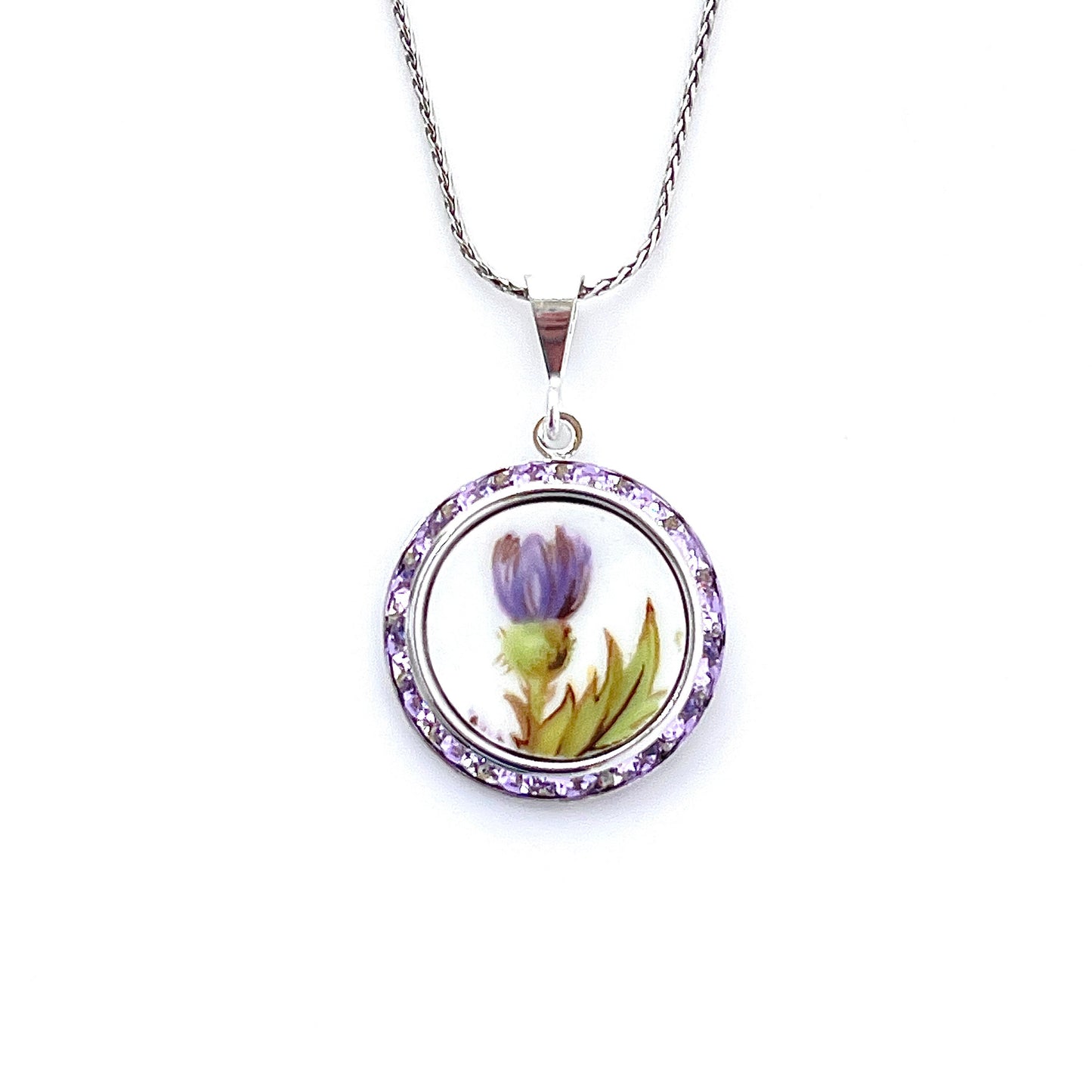 Scottish Thistle China Necklace, Unique Scottish Gifts for Women, Crystal Necklace, Broken China Jewelry, Thistle Jewelry, Birthday Gifts
